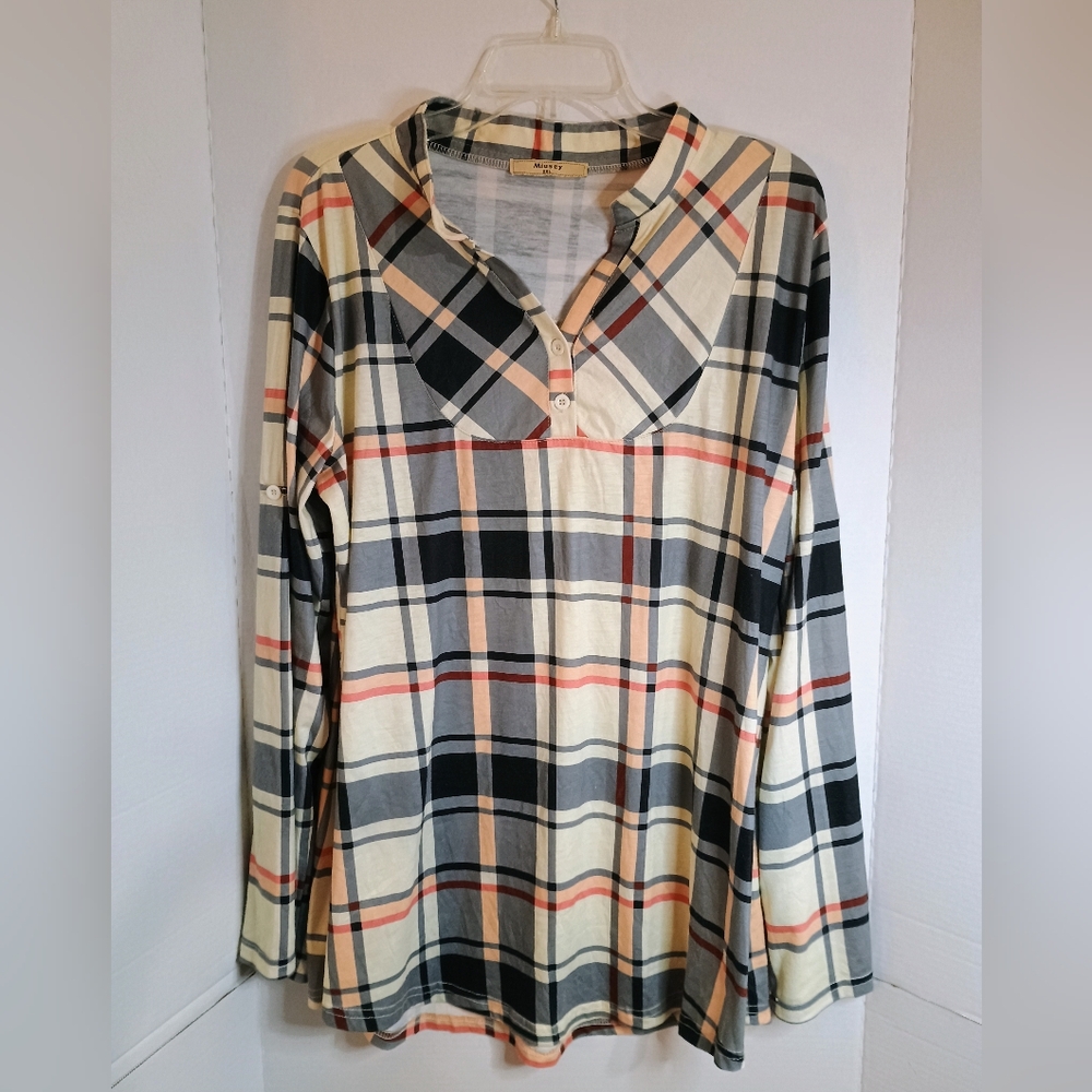 Miusey Womens Buffalo Plaid Roll Sleeve V Neck Flowy Loose Tunic Blouse 2XL